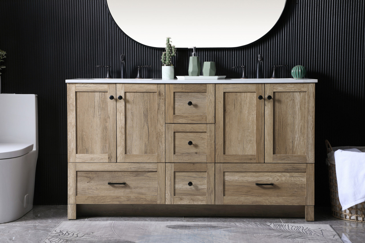 ELEGANT KITCHEN AND BATH VF2860DNT 60 Inch Double Bathroom Vanity In Natural Oak