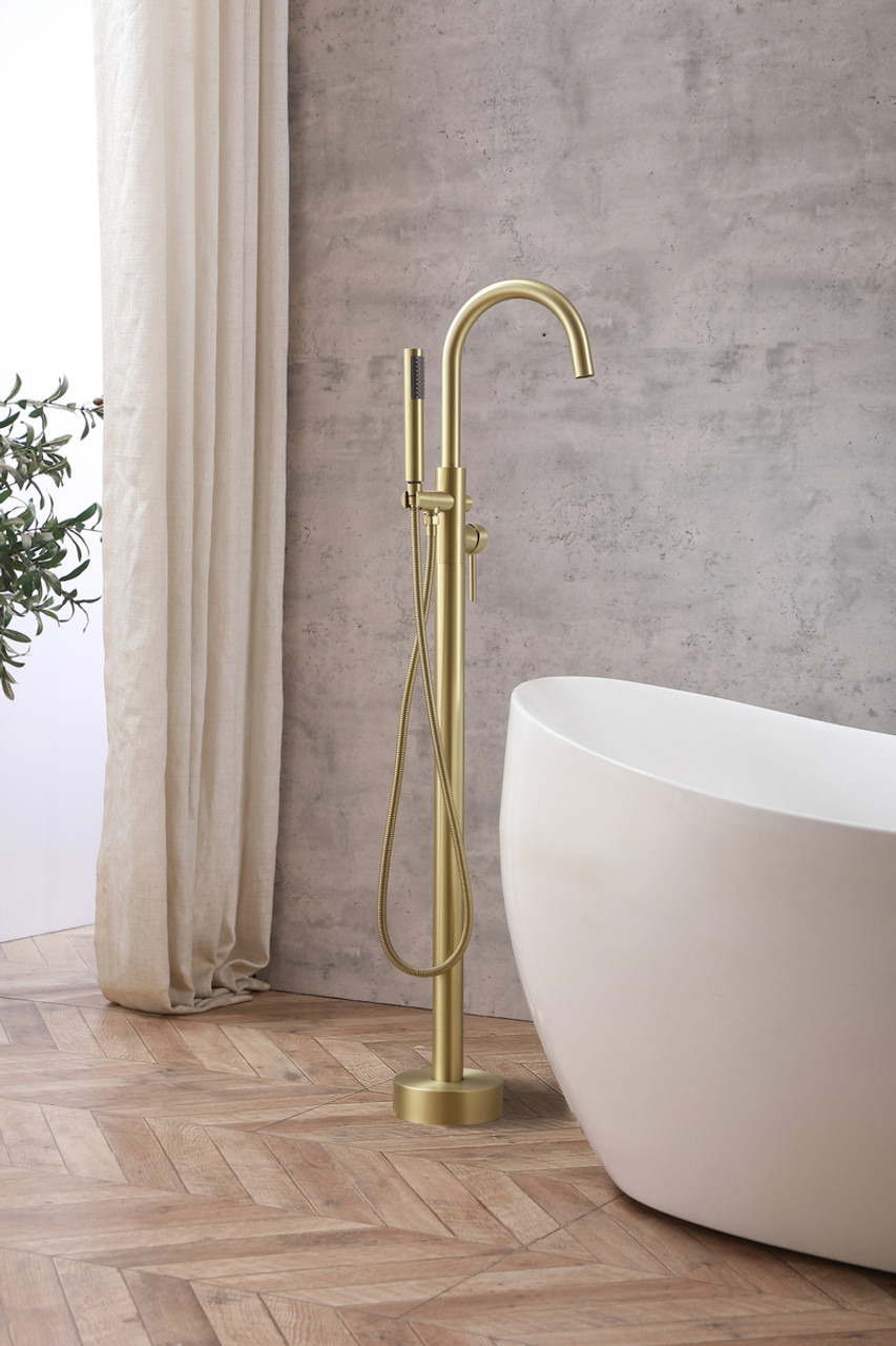 ELEGANT KITCHEN AND BATH FAT-8001BGD Steven Floor Mounted Roman Tub Faucet with Handshower in Brushed Gold ELEGANT KITCHEN AND BATH FAT-8001BGD Steven Floor Mounted Roman Tub Faucet with Handshower in Brushed Gold