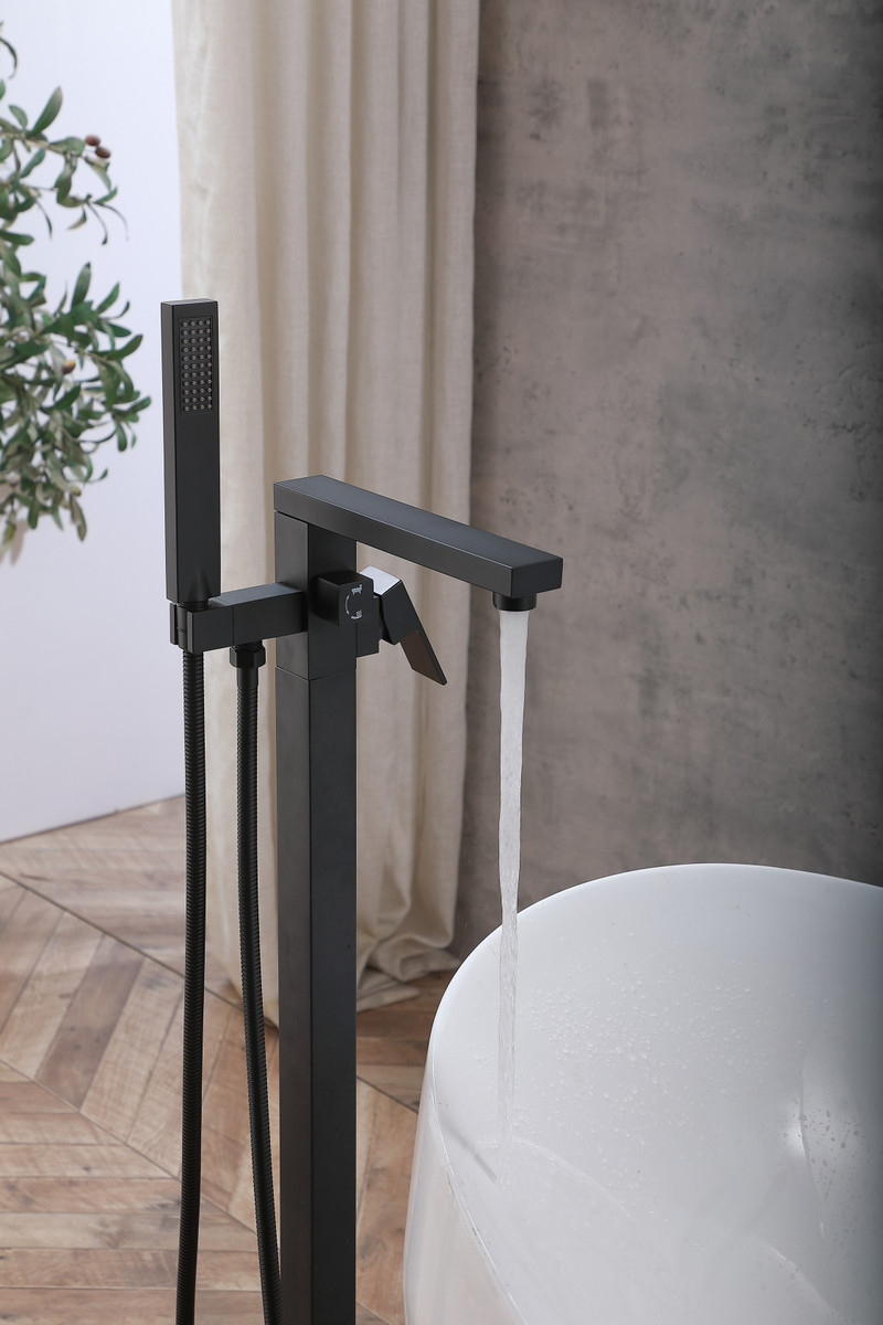ELEGANT KITCHEN AND BATH FAT-8002MBK Henry Floor Mounted Roman Tub Faucet with Handshower in Matte Black