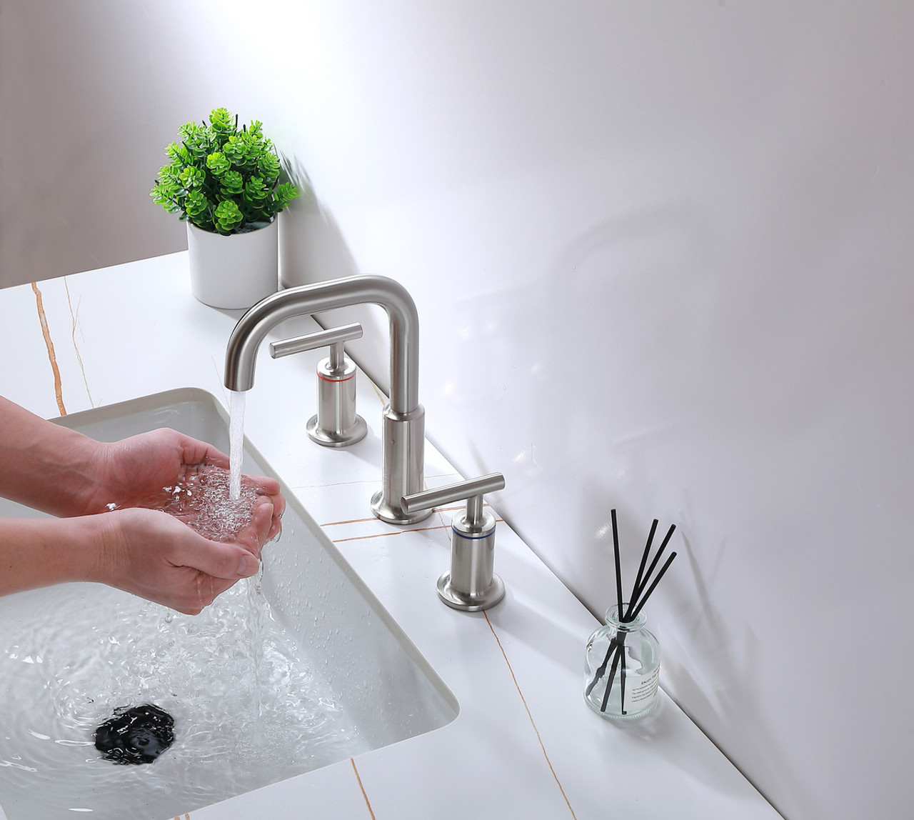 ELEGANT KITCHEN AND BATH FAV-1010BNK Tobias 8 inch Widespread Double Handle Bathroom Faucet in Brushed Nickel ELEGANT KITCHEN AND BATH FAV-1010BNK Tobias 8 inch Widespread Double Handle Bathroom Faucet in Brushed Nickel