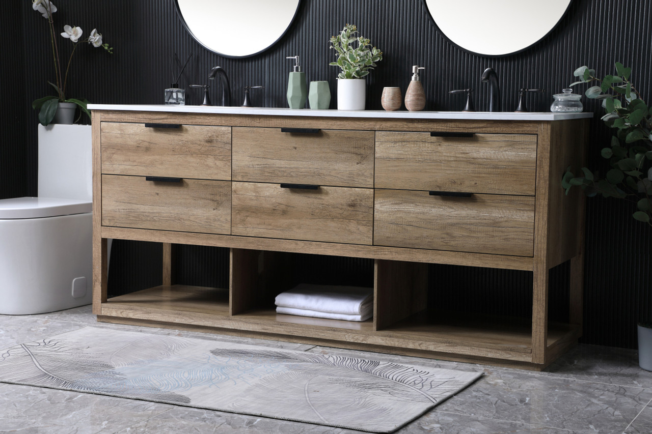 ELEGANT KITCHEN AND BATH VF19272DNT 72 Inch Double Bathroom Vanity In Natural Oak