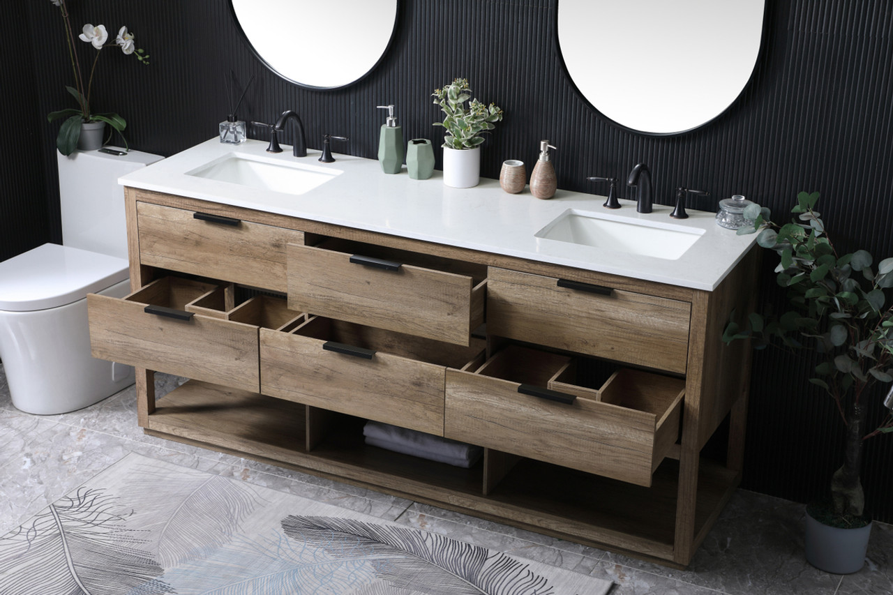 ELEGANT KITCHEN AND BATH VF19272DNT 72 Inch Double Bathroom Vanity In Natural Oak