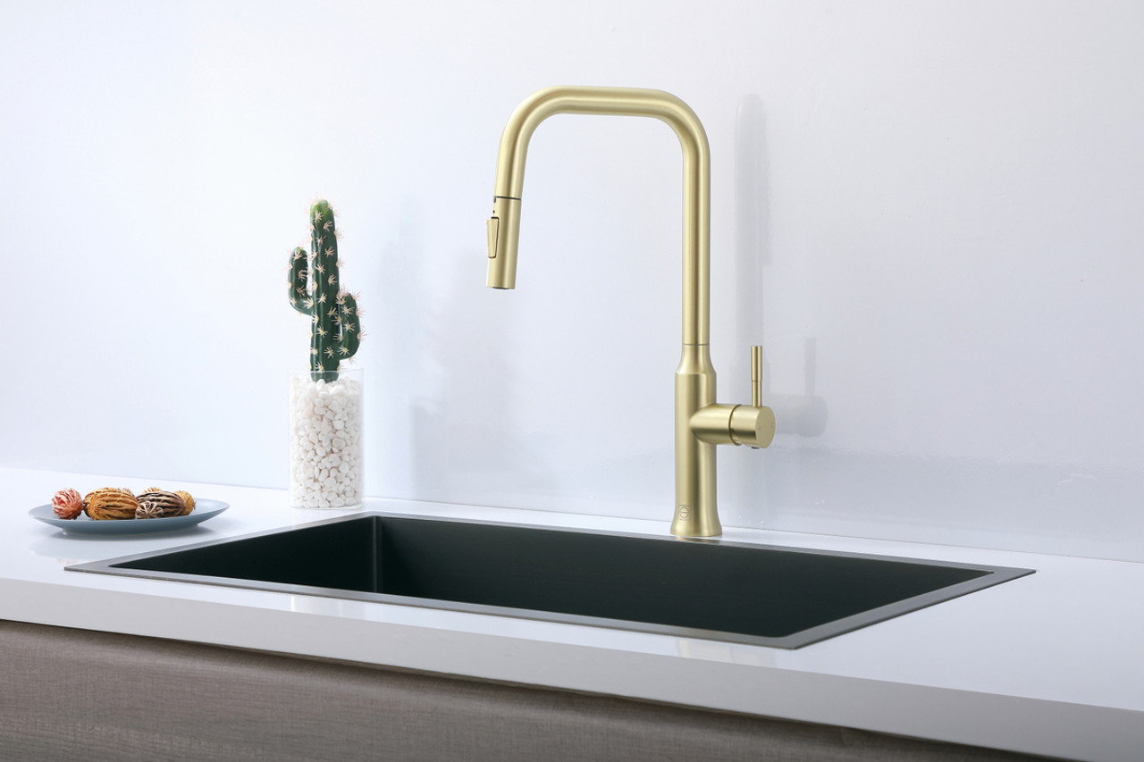ELEGANT KITCHEN AND BATH FAK-311BGD Noor Single Handle Pull Down Sprayer Kitchen Faucet in Brushed Gold