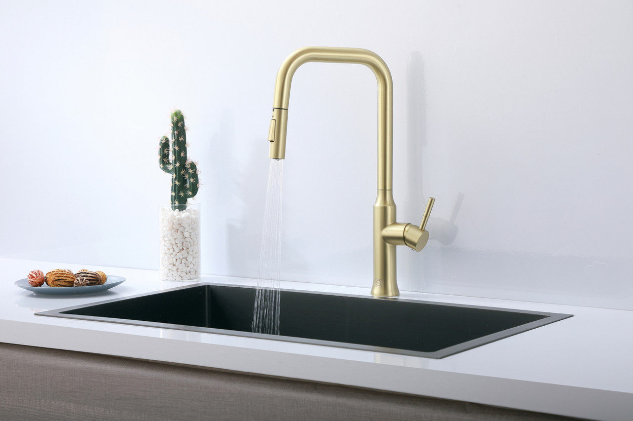 ELEGANT KITCHEN AND BATH FAK-311BGD Noor Single Handle Pull Down Sprayer Kitchen Faucet in Brushed Gold