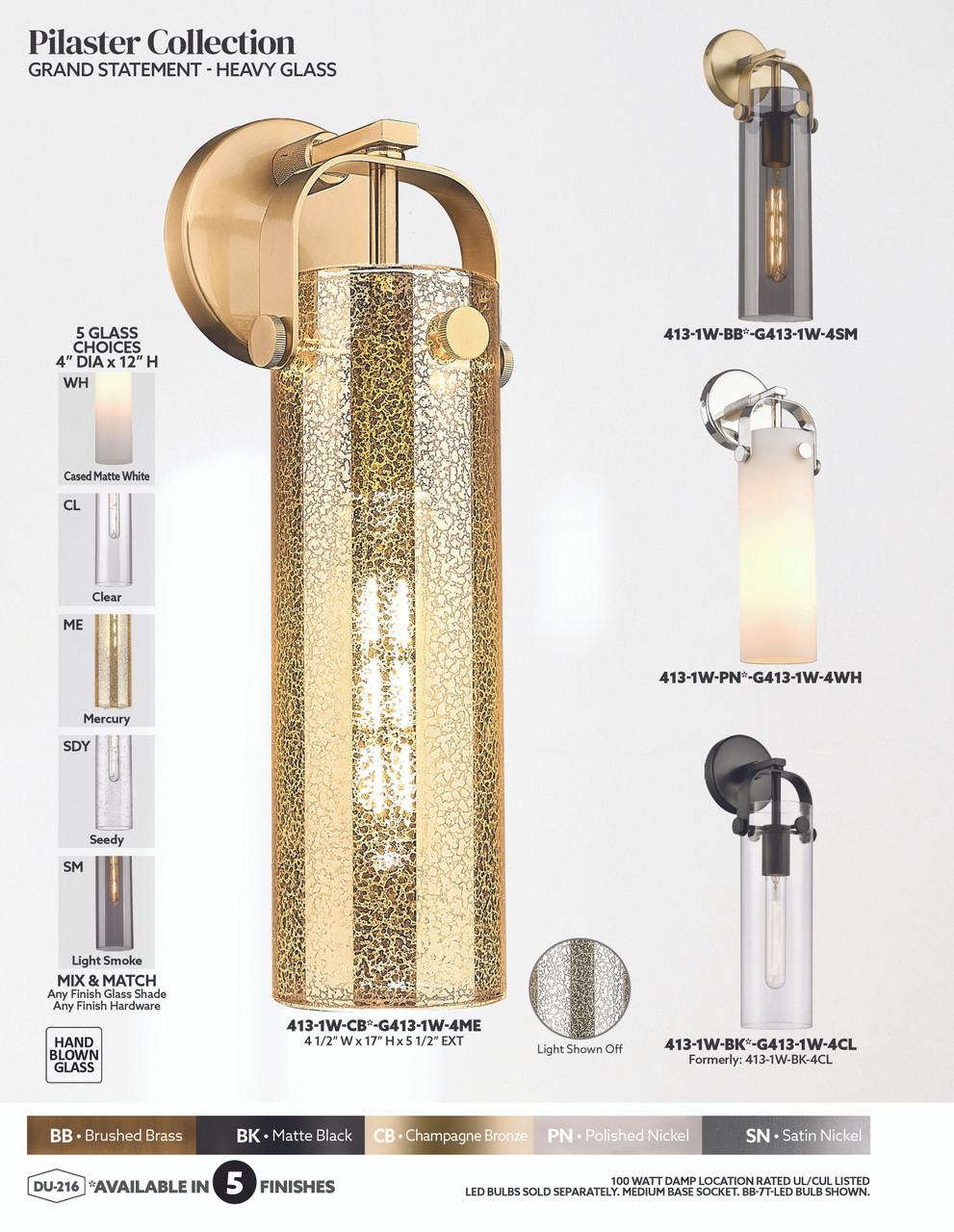 INNOVATIONS 413-1W-PN-G413-1W-4ME Pilaster 1-Light Sconce Polished Nickel