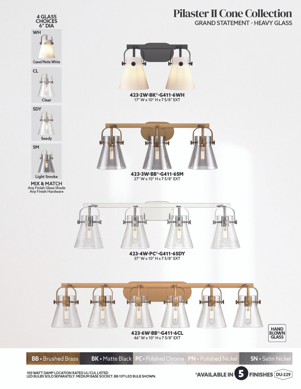 INNOVATIONS 423-6W-SN-G411-6ME Pilaster II Cone 6-Light Bath Vanity Light Satin Nickel