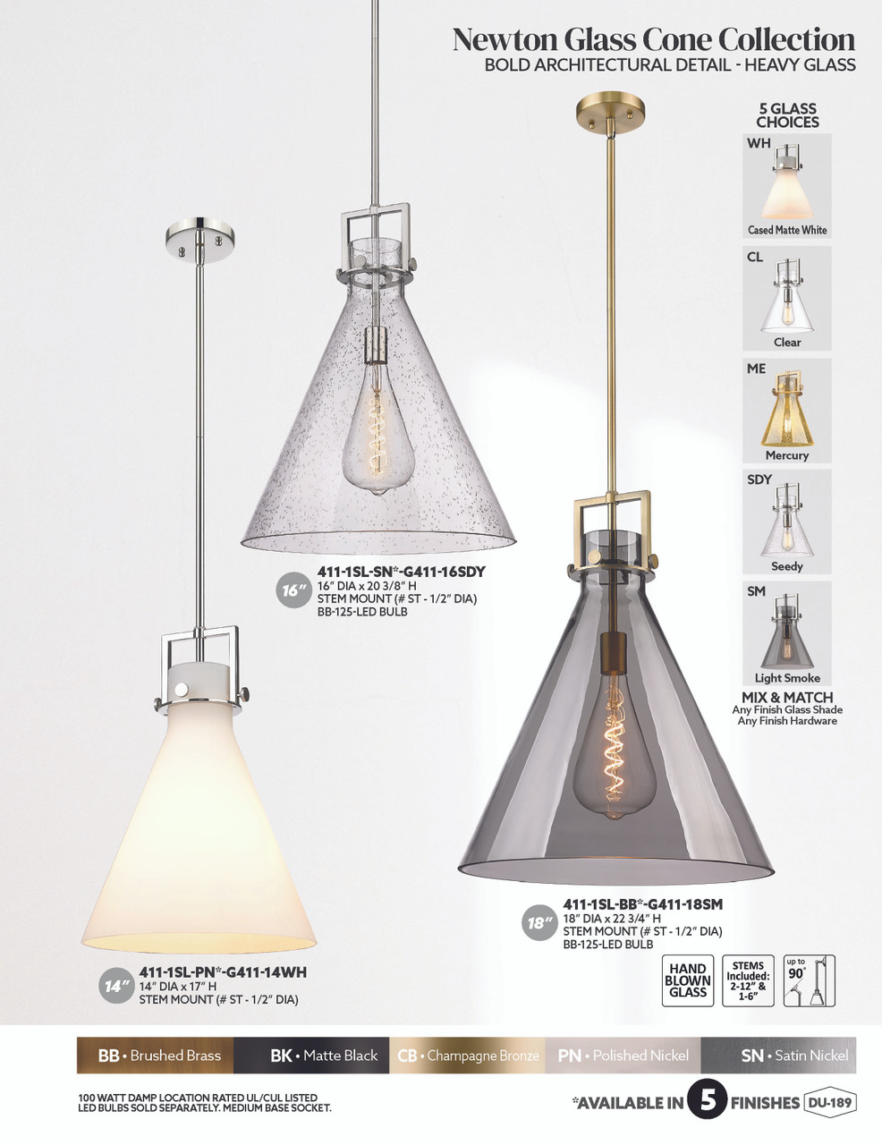 INNOVATIONS 411-1SL-PN-G411-16ME Newton Cone 1-Light Pendant Polished Nickel