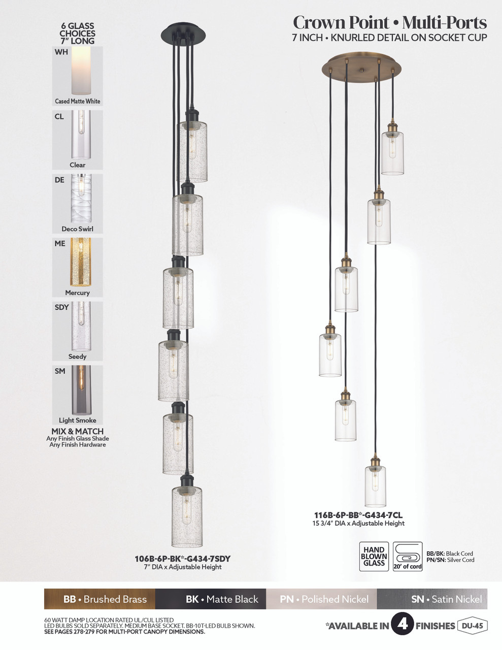 INNOVATIONS 116B-6P-BB-G434-7WH Crown Point 6-Light Multi Pendant Brushed Brass