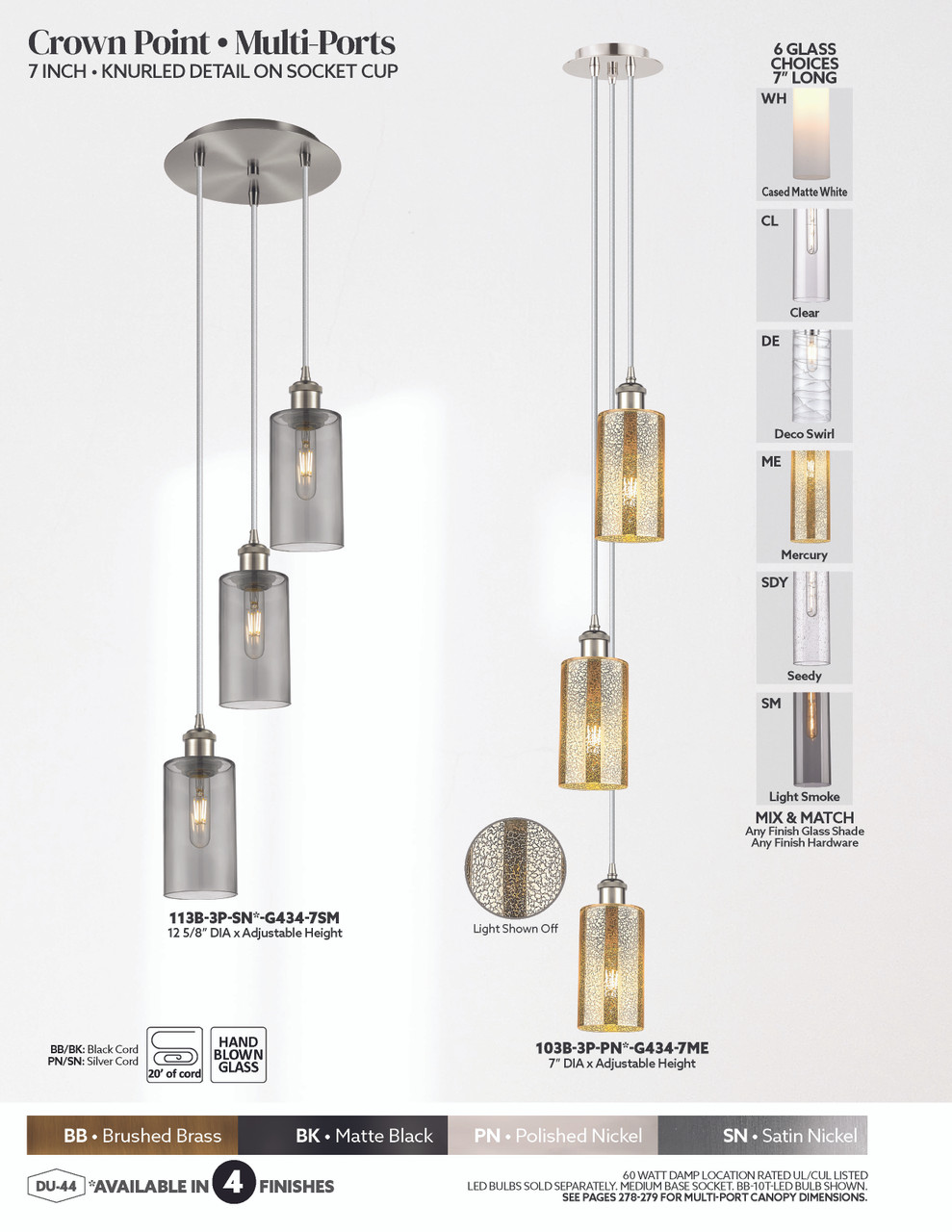 INNOVATIONS 113B-3P-PN-G434-7CL Crown Point 3-Light Multi Pendant Polished Nickel