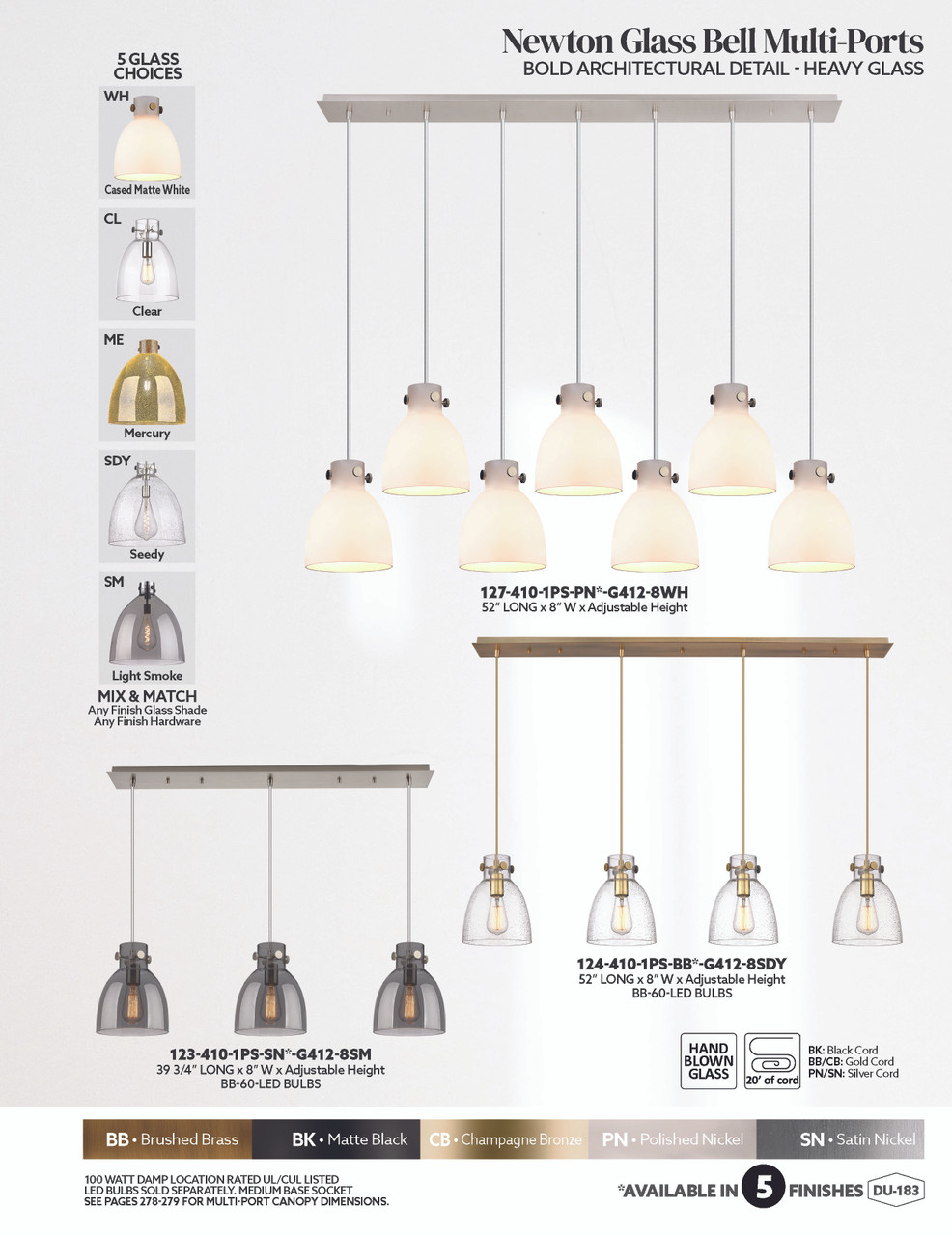 INNOVATIONS 127-410-1PS-BB-G412-8ME Newton Bell 7-Light Linear Pendant Brushed Brass