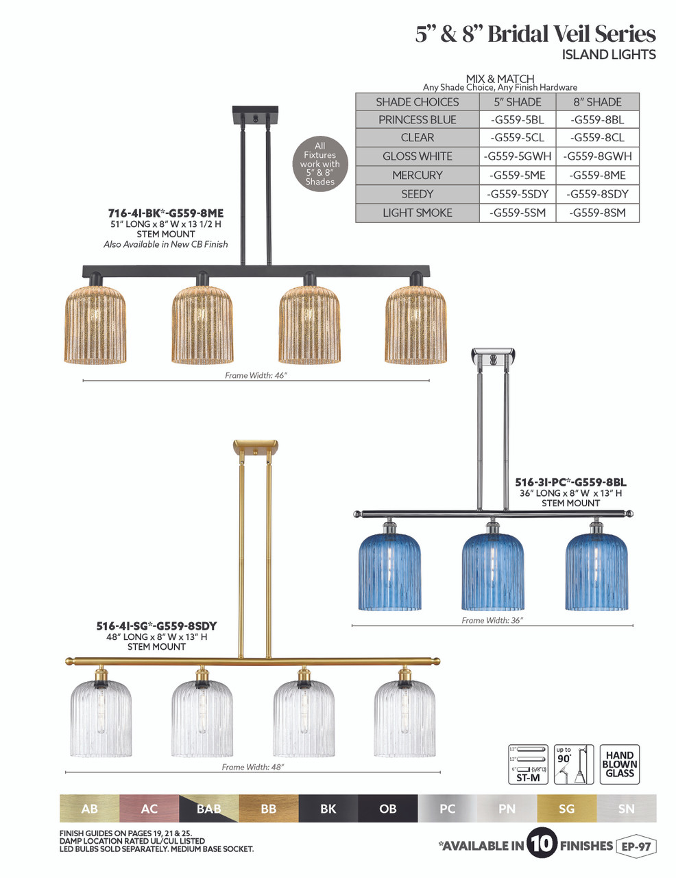 INNOVATIONS 516-4I-BB-G559-8GWH Bridal Veil 4-Light Island Light Brushed Brass