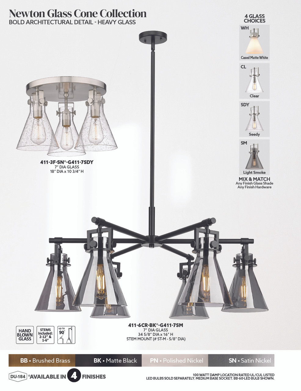 INNOVATIONS 411-6CR-CB-G411-7WH Newton Cone 6-Light Chandelier Champagne Bronze