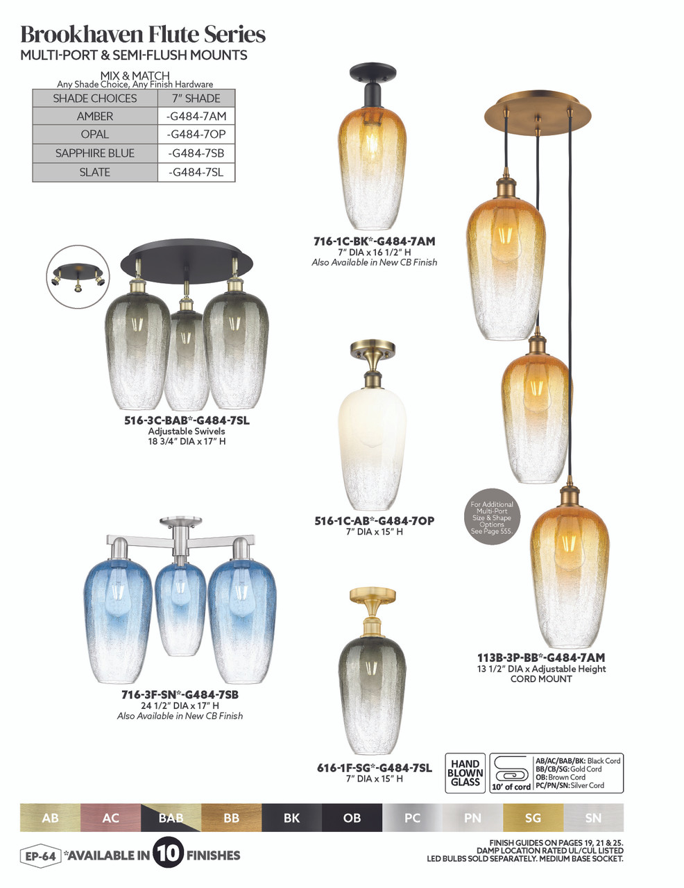 INNOVATIONS 716-3F-BB-G484-7SL Brookhaven Flute 3-Light Semi-Flush Mount Brushed Brass