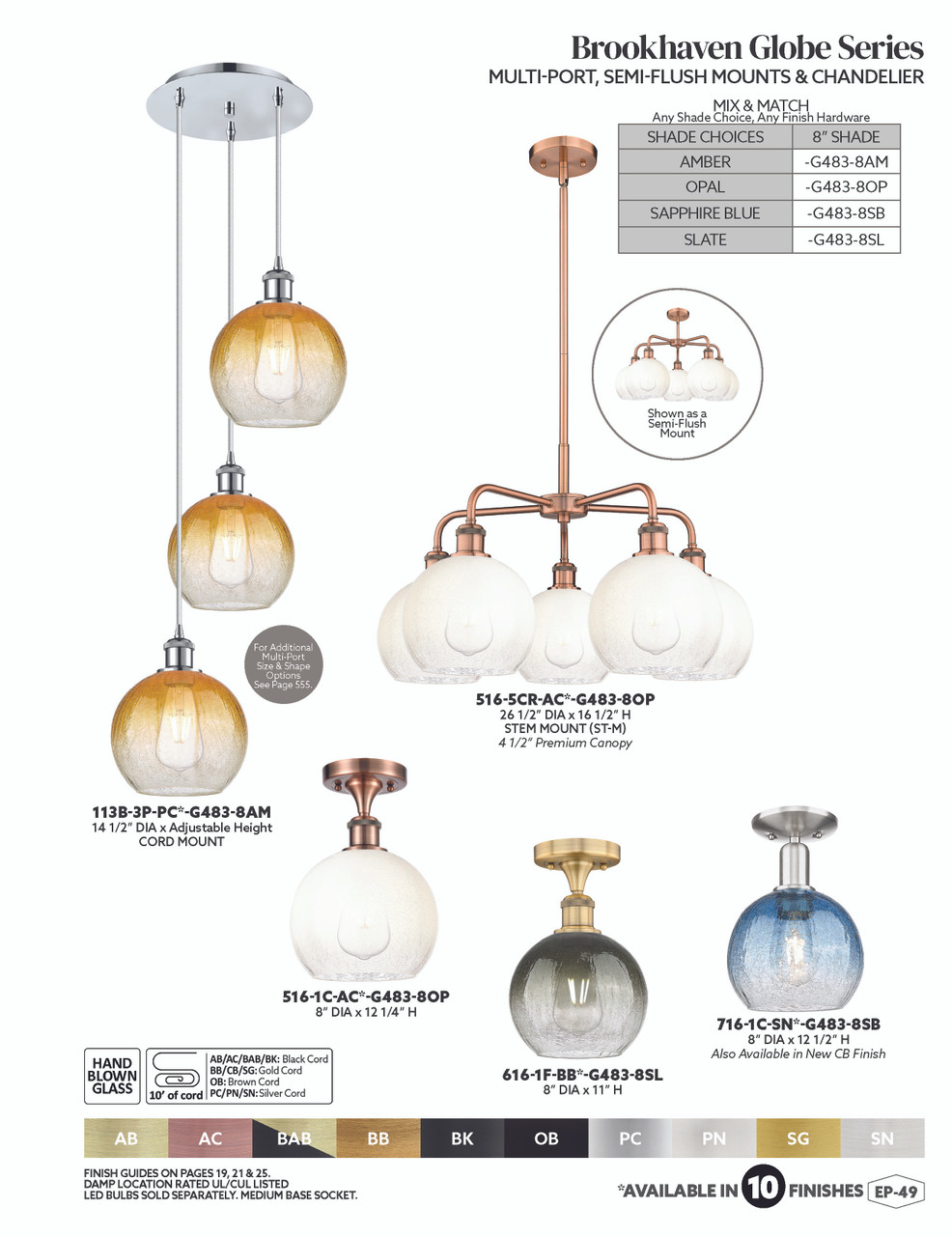 INNOVATIONS 716-1C-SG-G483-8SB Brookhaven Globe 1-Light Semi-Flush Mount Satin Gold