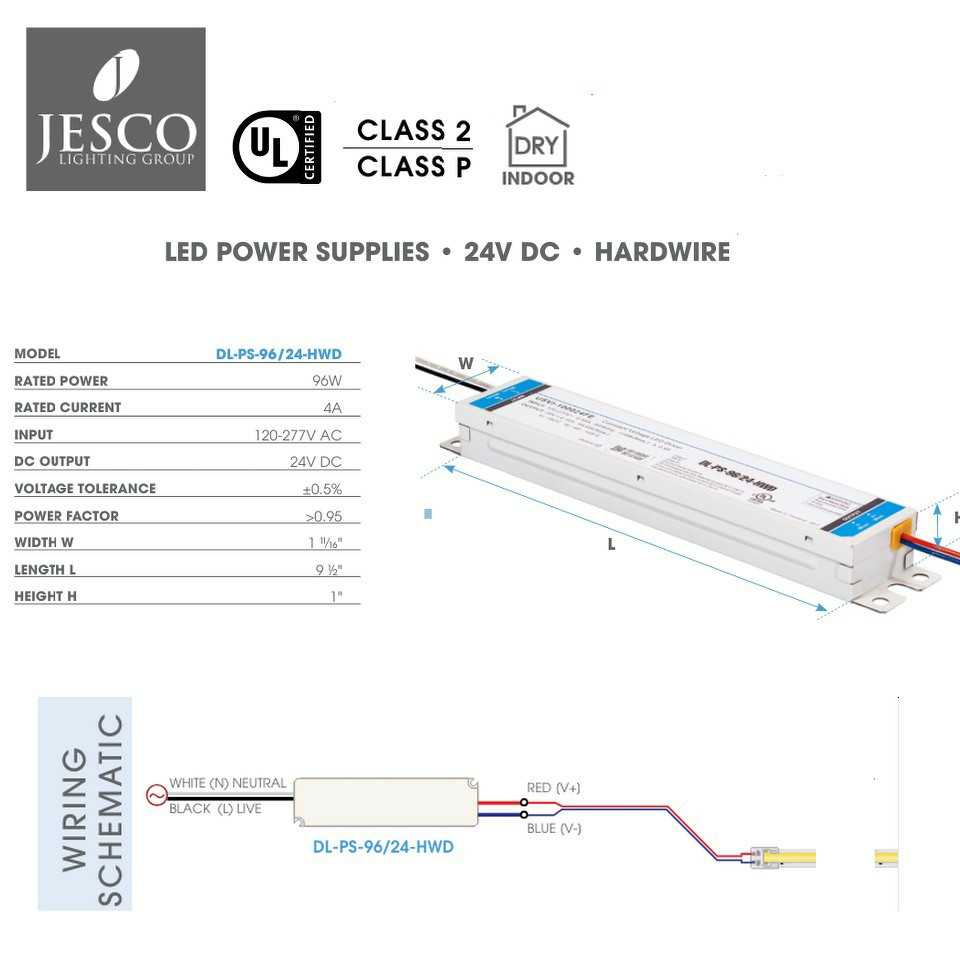JESCO DL-PS-96/24-HWD 96W 24V DC Hardwire LED Power Supply
