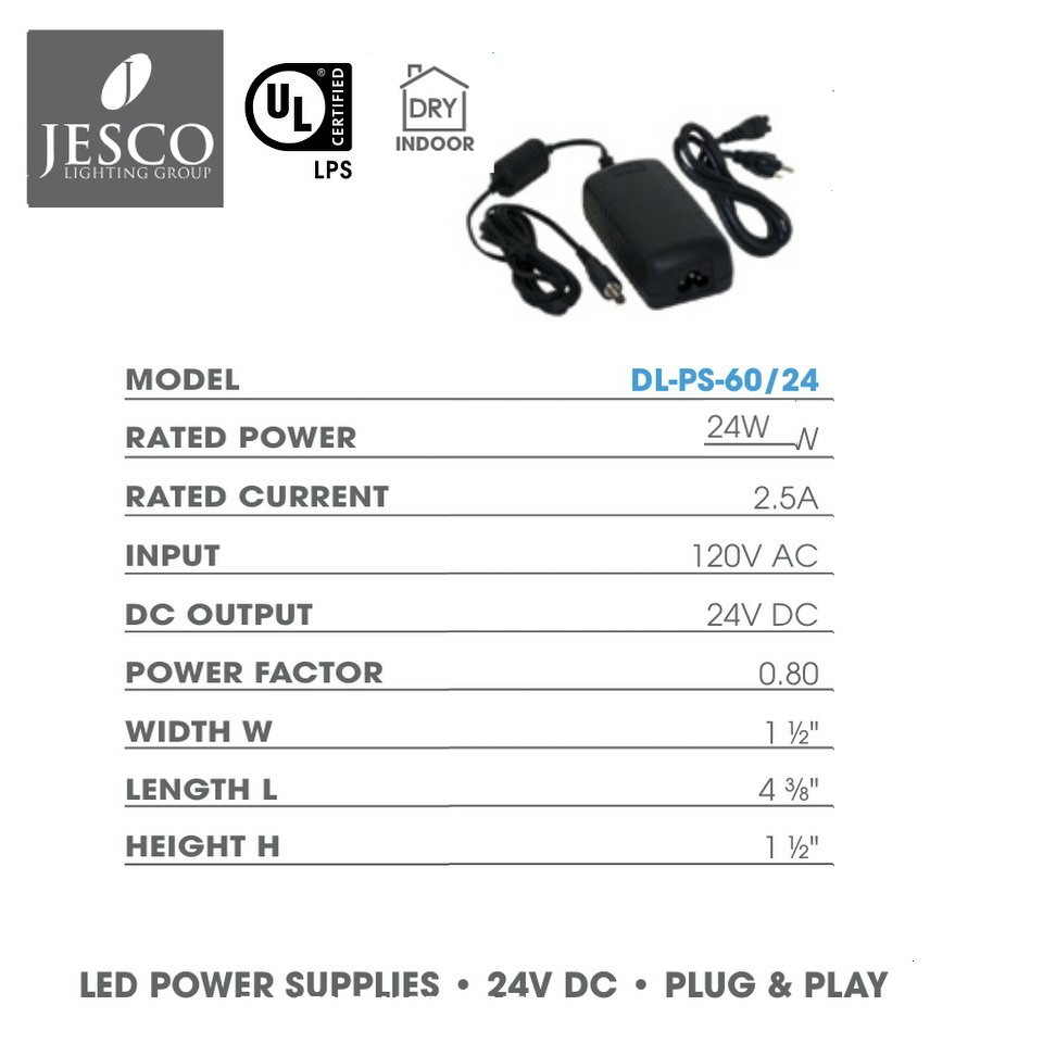 JESCO DL-PS-60/24-JB-OD-S 60W 24V DC Outdoor Universal Non-Dimming in Metal Inclosure LED Power Supply