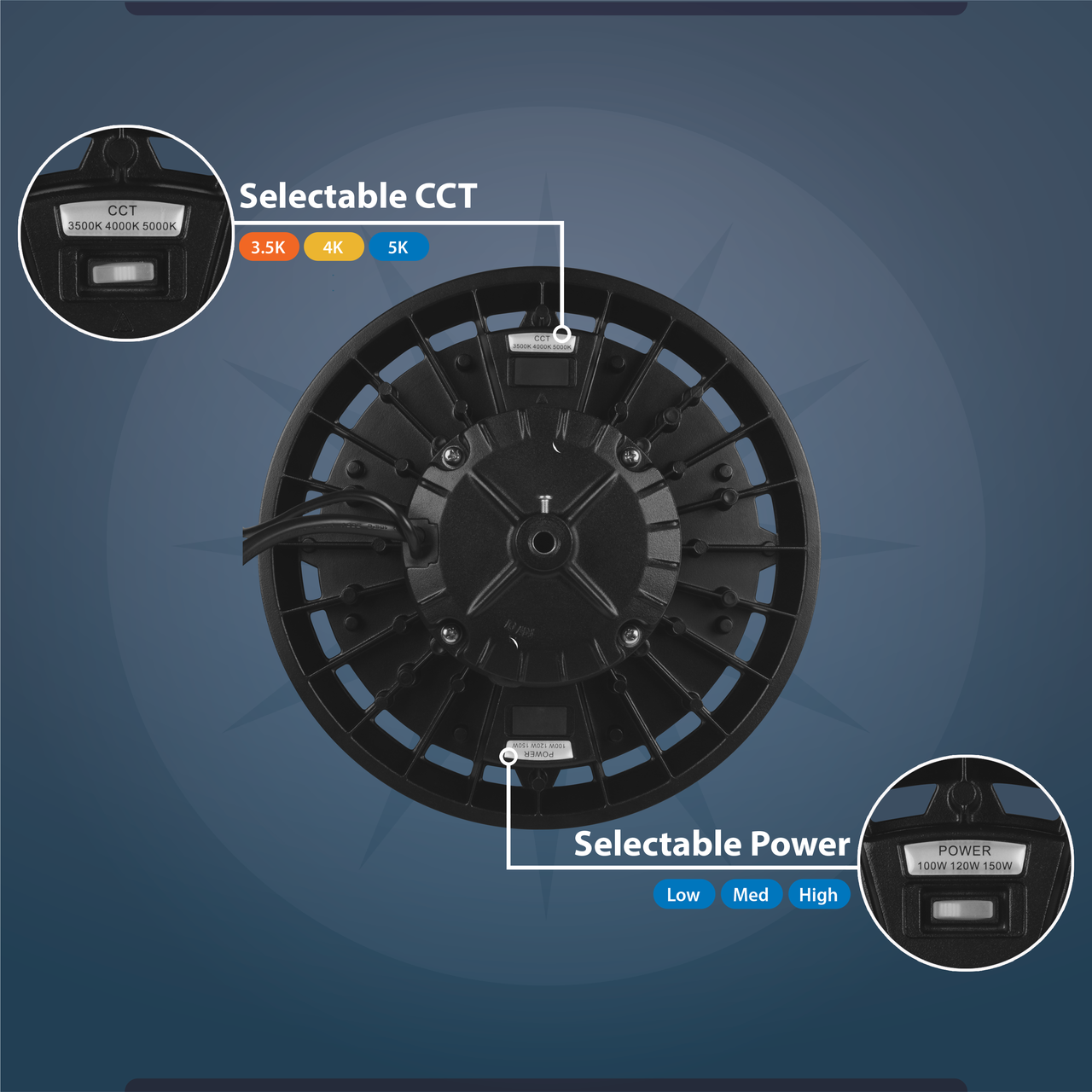 NICOR LIGHTING HBC5150SUS8BK HBC5 150W Black Selectable LED UFO High Bay