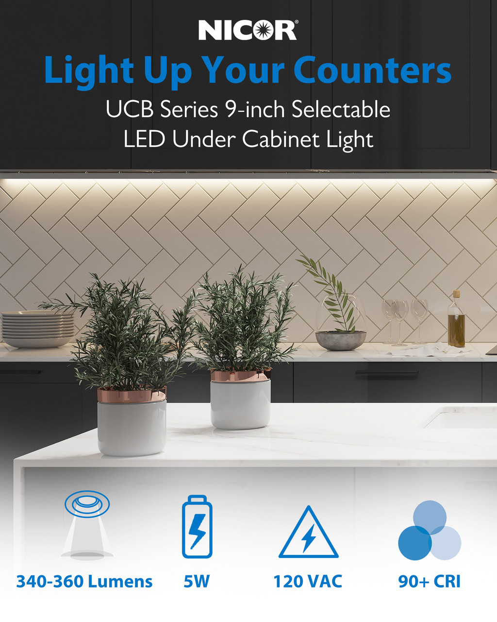 NICOR LIGHTING UCB109SWH UCB Series 9-inch White Selectable LED Under Cabinet Light with On/Off Switch