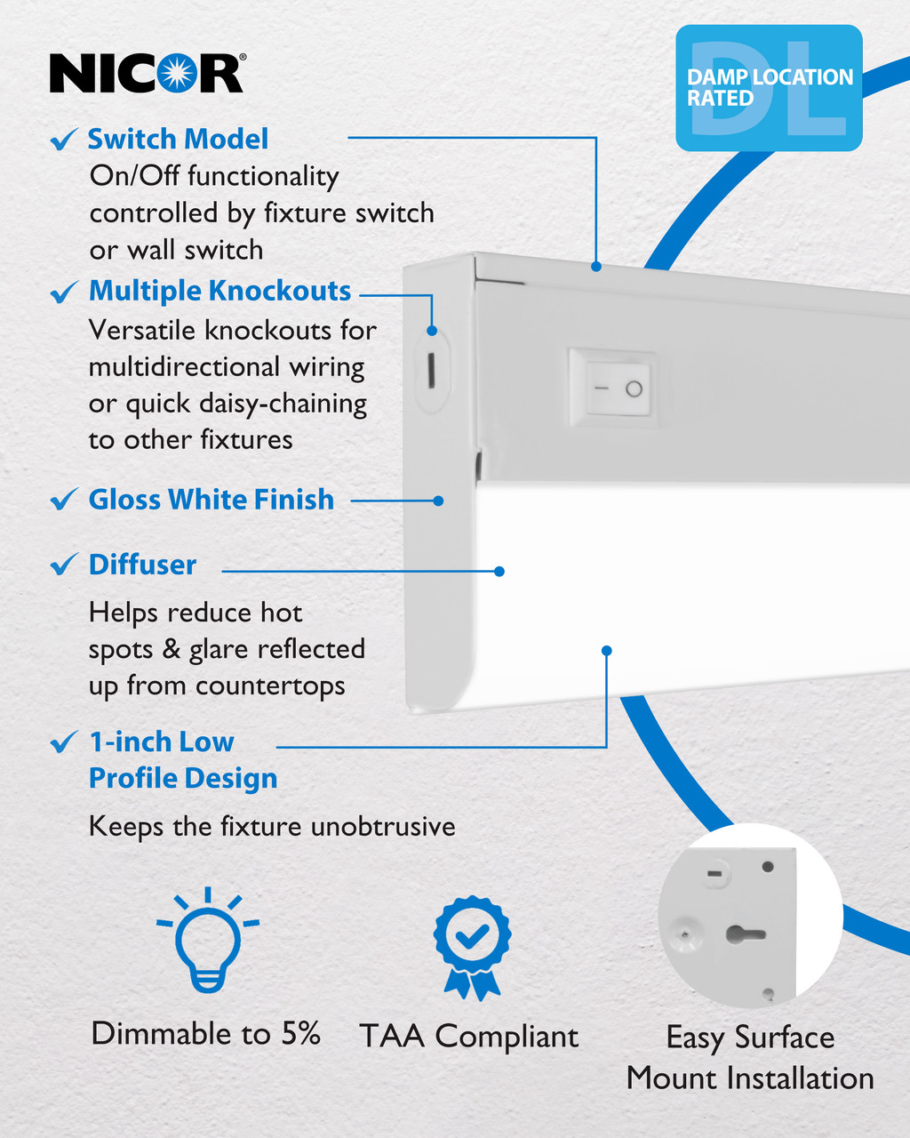 NICOR LIGHTING UCB112SWH UCB Series 12-inch White Selectable LED Under Cabinet Light with On/Off Switch