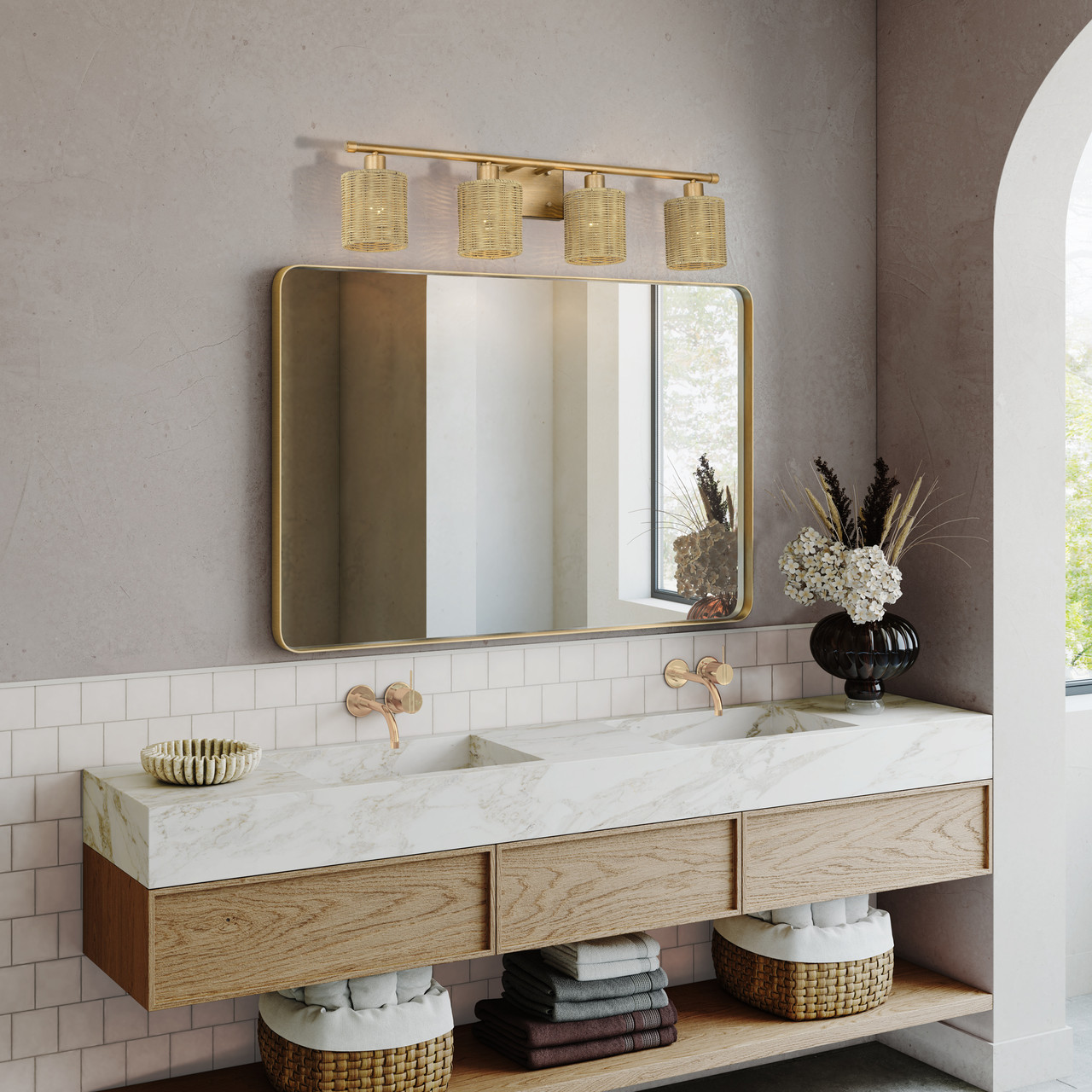 LIVEX LIGHTING 13704-48 4 Light Antique Gold Leaf Large Vanity Sconce