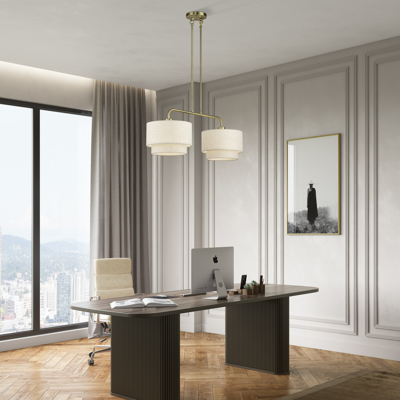 LIVEX LIGHTING 41942-01 2 Light Antique Brass Large Linear Chandelier