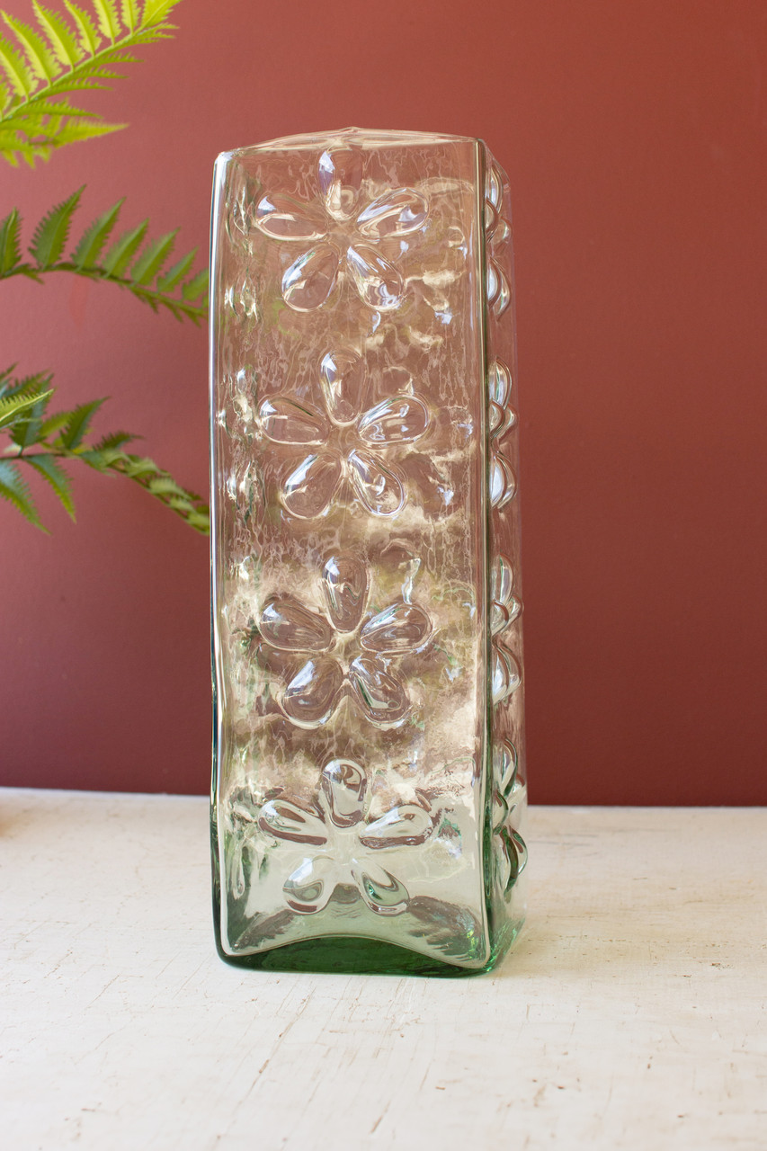 KALALOU CV2342 SQUARE GLASS VASE WITH EMBOSSED FLOWERS