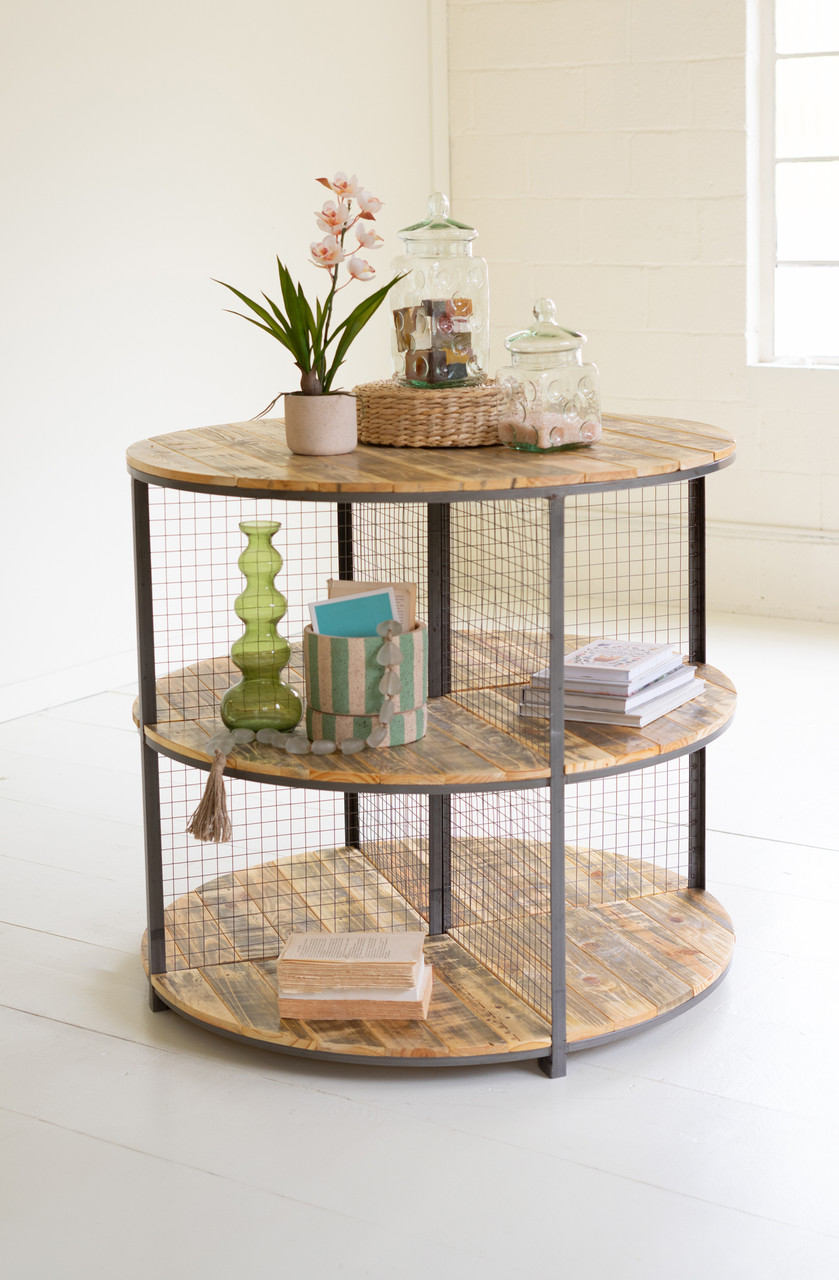 KALALOU CQ7626 ROUND IRON AND WOOD THREE TIERED DISPLAY UNIT