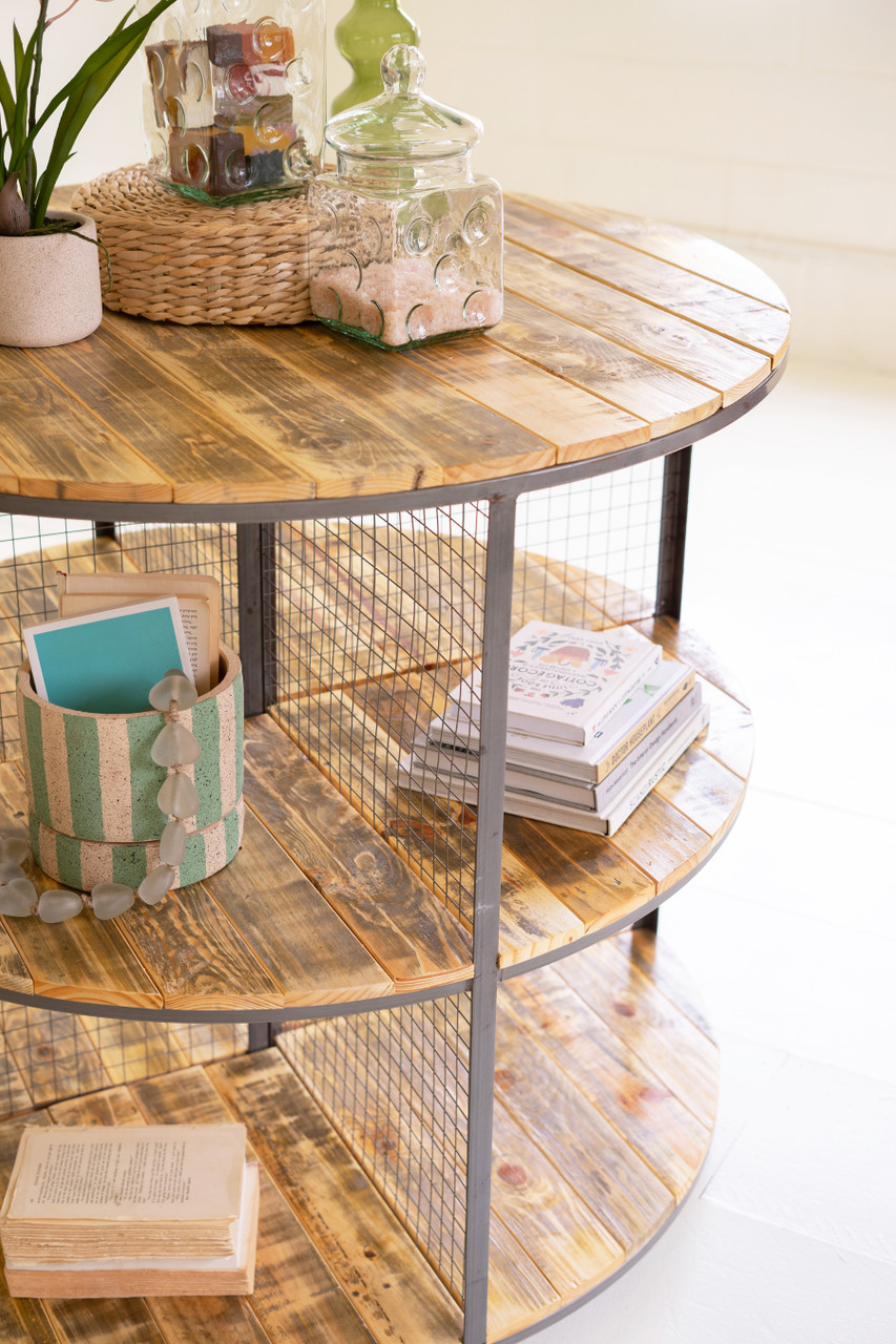 KALALOU CQ7626 ROUND IRON AND WOOD THREE TIERED DISPLAY UNIT