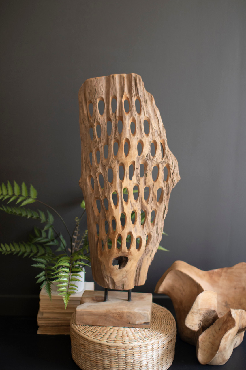 KALALOU DRA1008 HAND-CARVED TEAK WOOD SCUPLTURE ON A BASE - PERFORATED