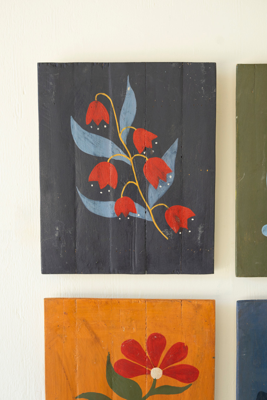 KALALOU A6647 SET OF FOUR HAND PAINTED FLORALS ON RECYCLED WOOD PANELS