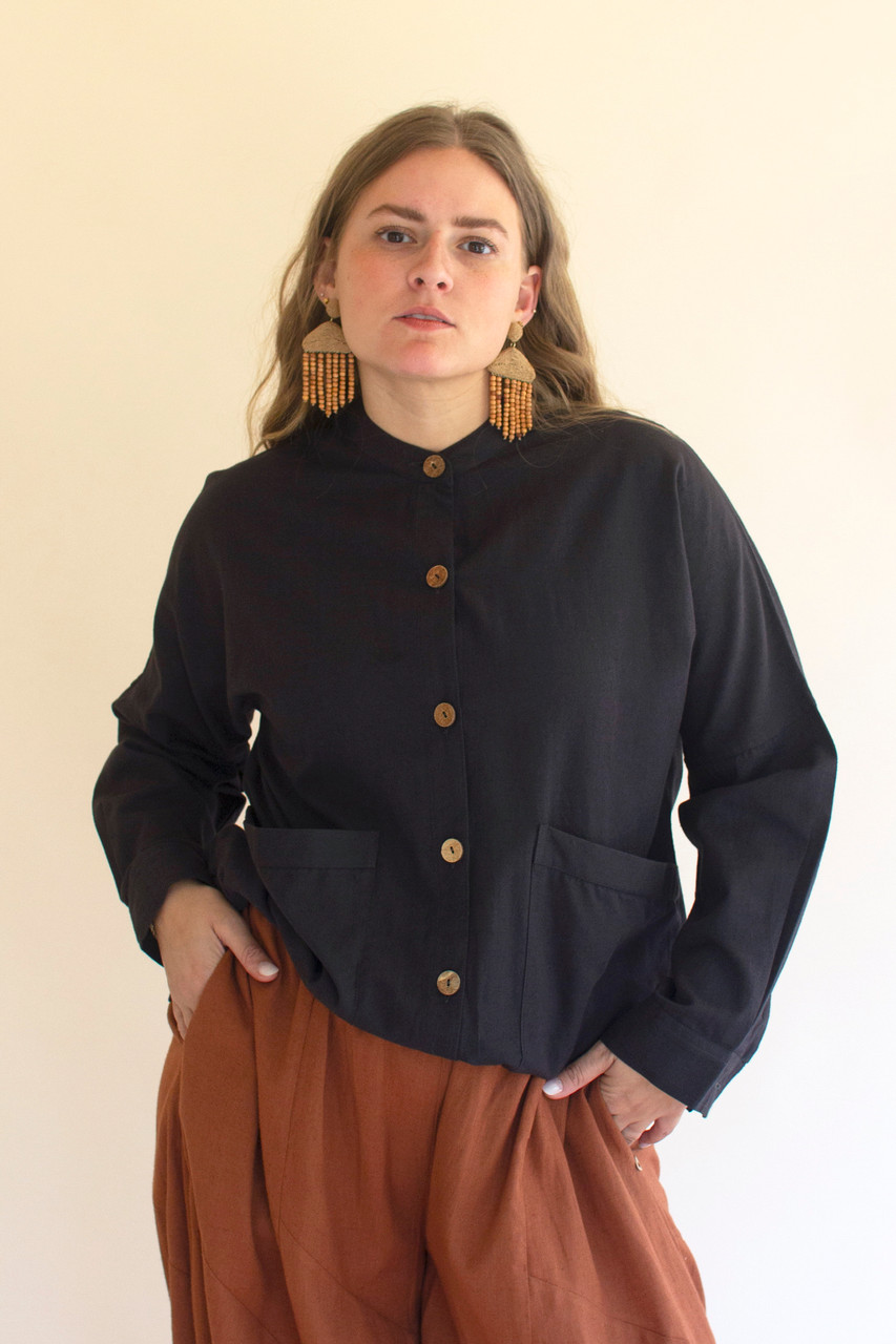 KALALOU NELL1032 LIGHT BUTTONDOWN BOMBER JACKET W FRONT POCKETS - MIDNIGHT