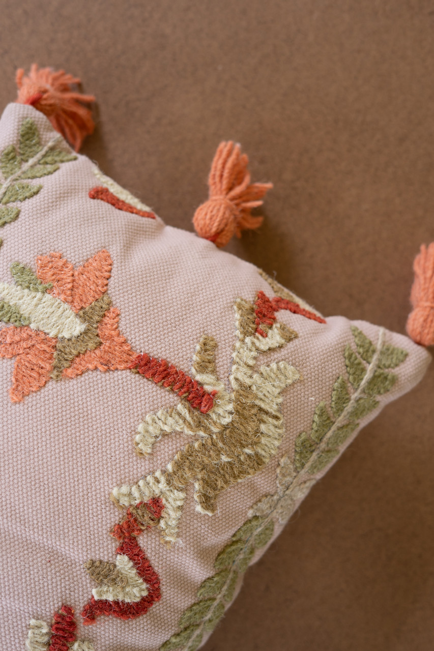 KALALOU NNF1057 CORAL EMBROIDERED LUMBAR PILLOW WITH TASSELS - 12X32