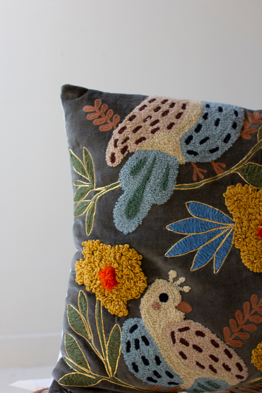 KALALOU NNF1053 SET OF TWO EMBROIDERY PILLOWS WITH BIRDS - ONE EACH COLOR