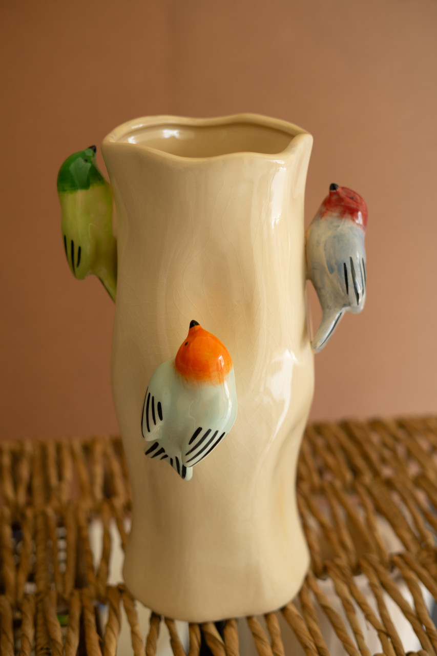 KALALOU CST1020 CERAMIC LOG VASE WITH COLORFUL BIRDS