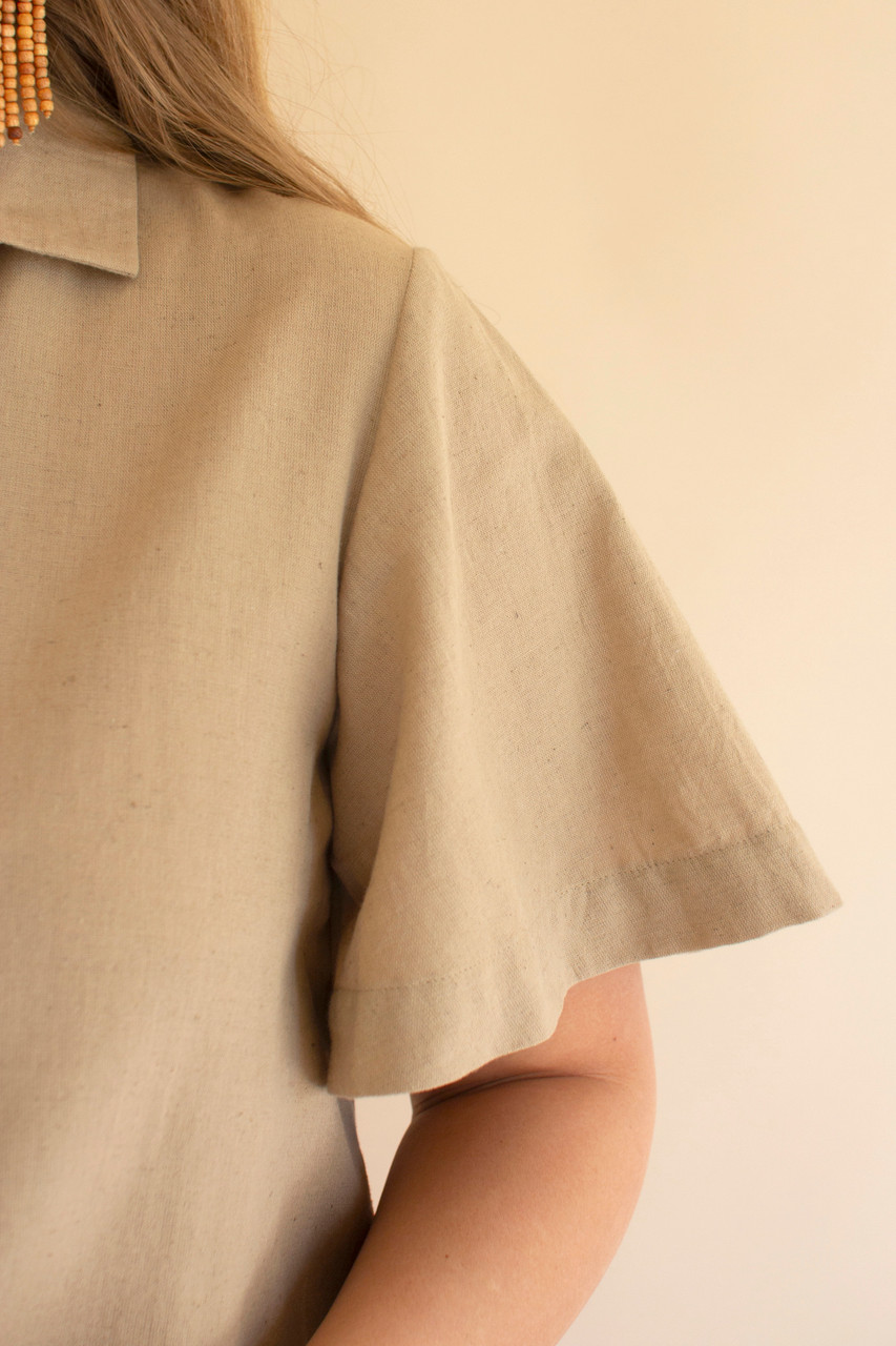 KALALOU NELL1016 SHORT-SLEEVE BUTTONDOWN BLOUSE WITH COLLAR - OATMEAL