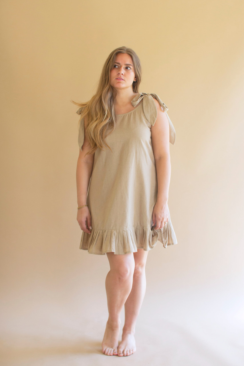 KALALOU NELL1077 TIE-SHOULDER DRESS WITH PLEATED HEM - OATMEAL