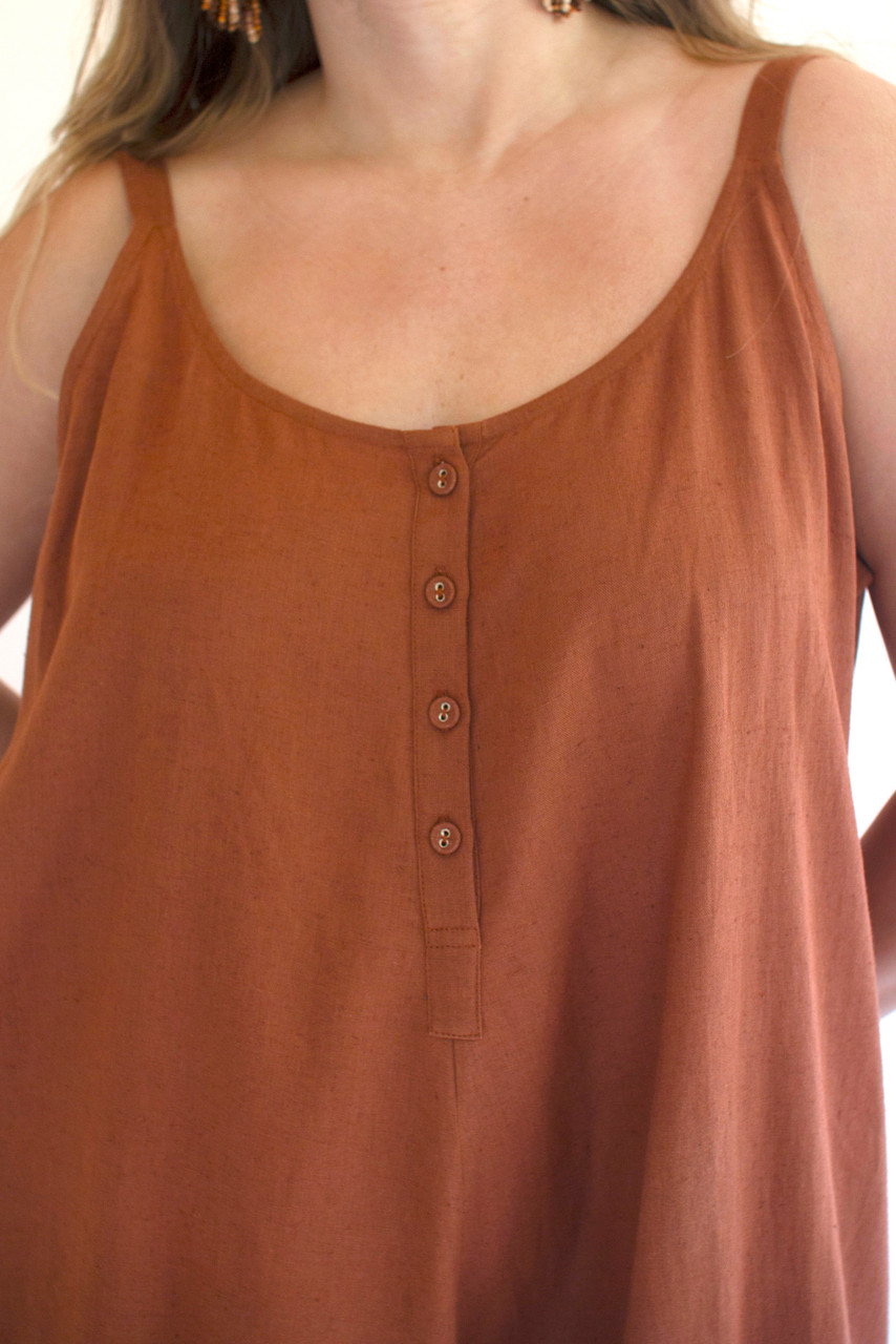 KALALOU NELL1029 AJUSTABLE STRAP FLOWY JUMPER WITH BUTTON DETAIL - CINNAMON