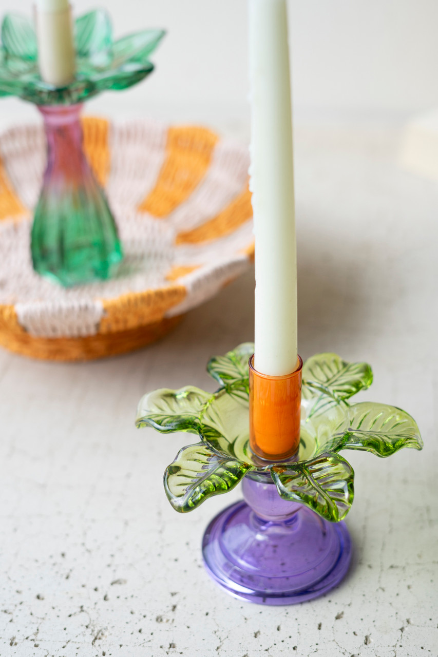 KALALOU CNA2089 SET OF TWO COLORED GLASS FLOWER TAPER CANDLE HOLDERS