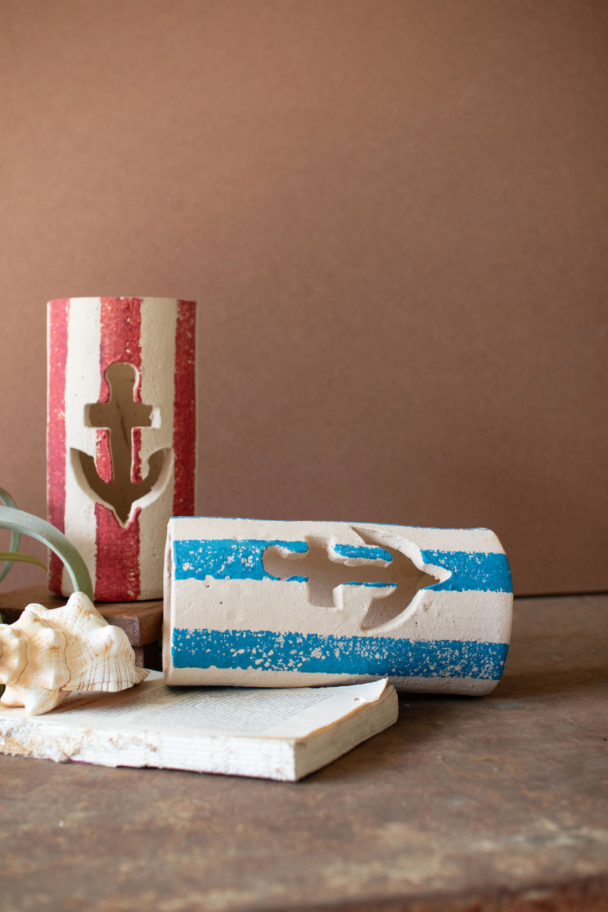 KALALOU H4597 SET OF TWO PAINTED CLAY ANCHOR LUMIARIES