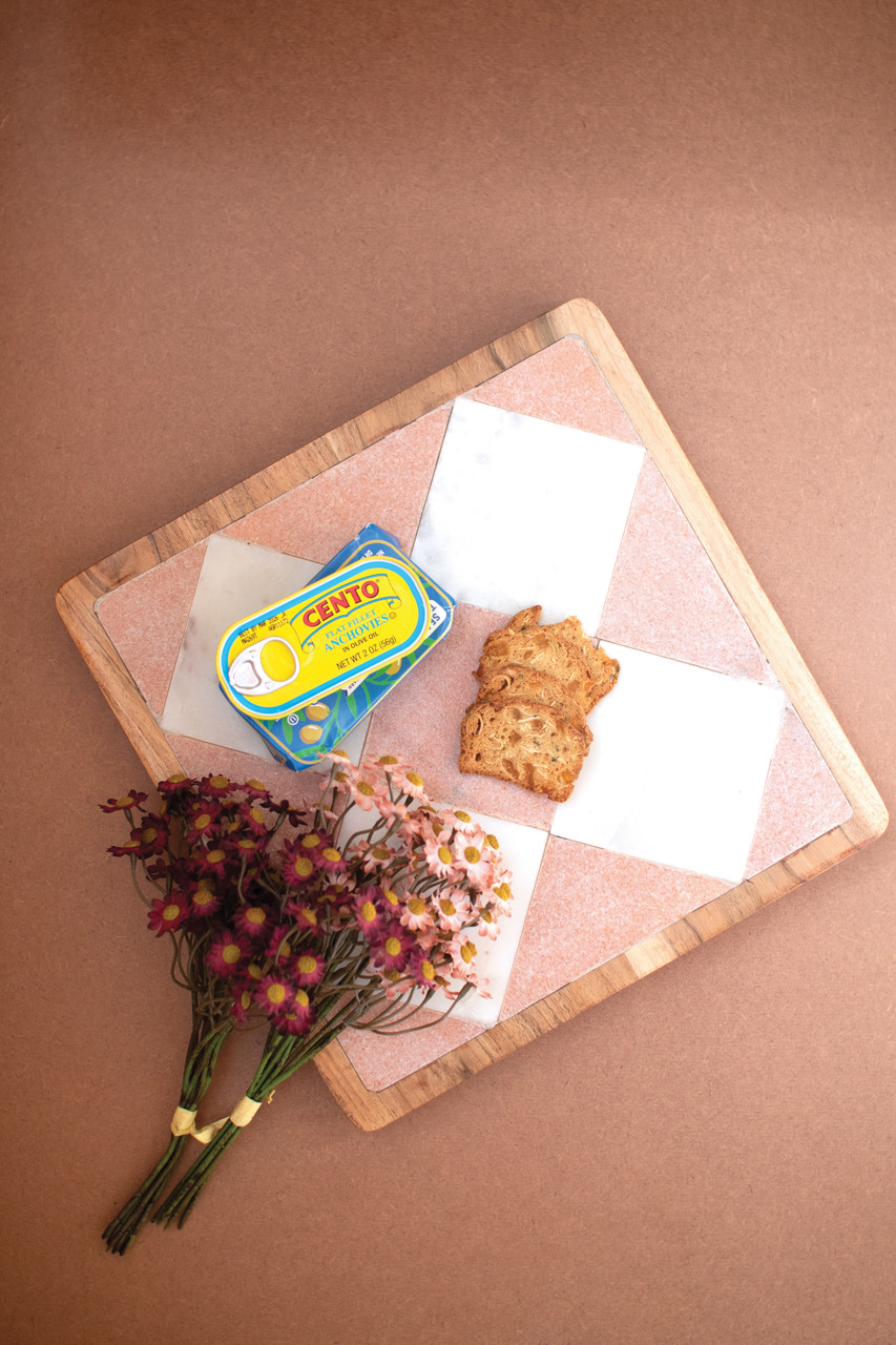 KALALOU NART1176 RECTANGLE MARBLE AND WOOD CHECKERED SERVING BOARD