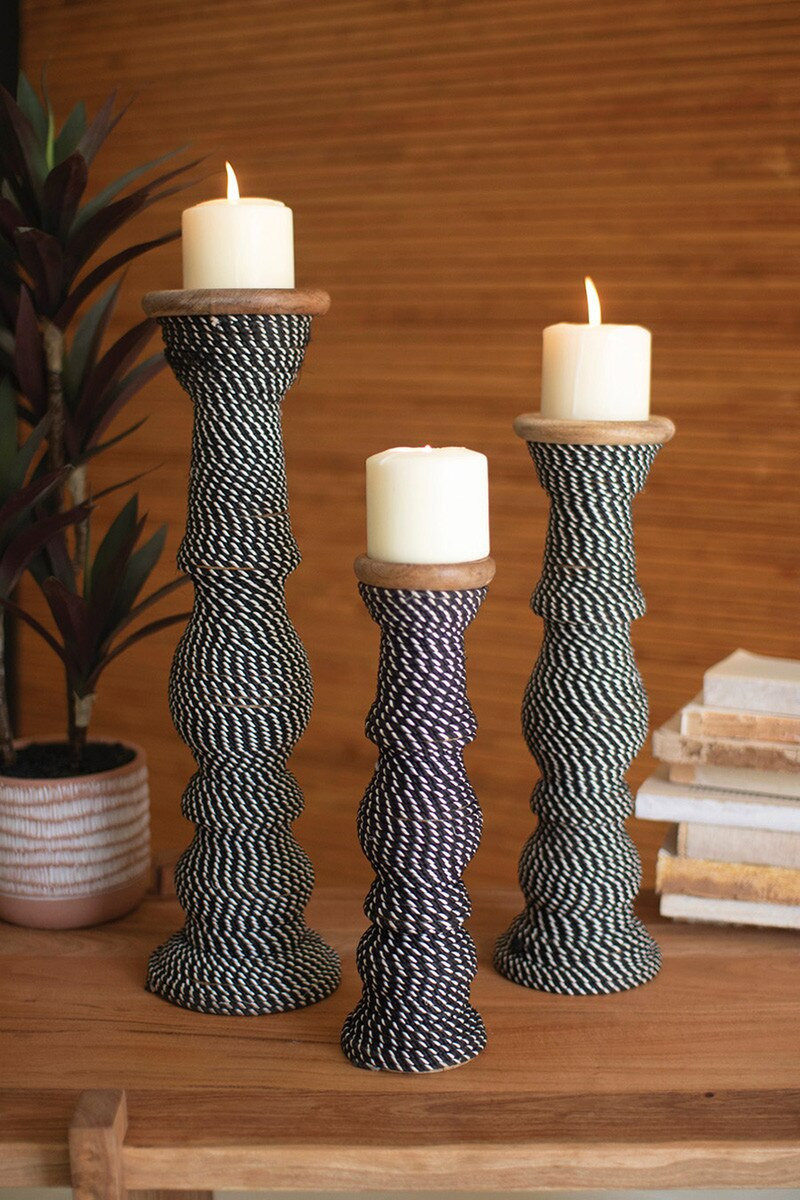 KALALOU NRAC1326 SET 3 WOODEN CANDLE HOLDERS WITH BLACK & WHITE STRING