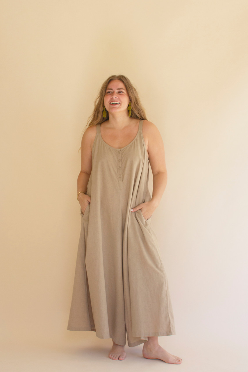 KALALOU NELL1026 ADJUSTABLE STRAP FLOWY JUMPER WITH BUTTON DETAIL - OATMEAL