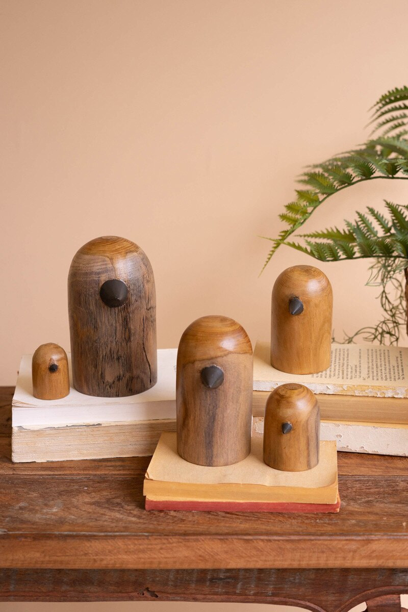 KALALOU DFG1005 SET OF FIVE TEAKWOOD BIRD SCUPLTURES