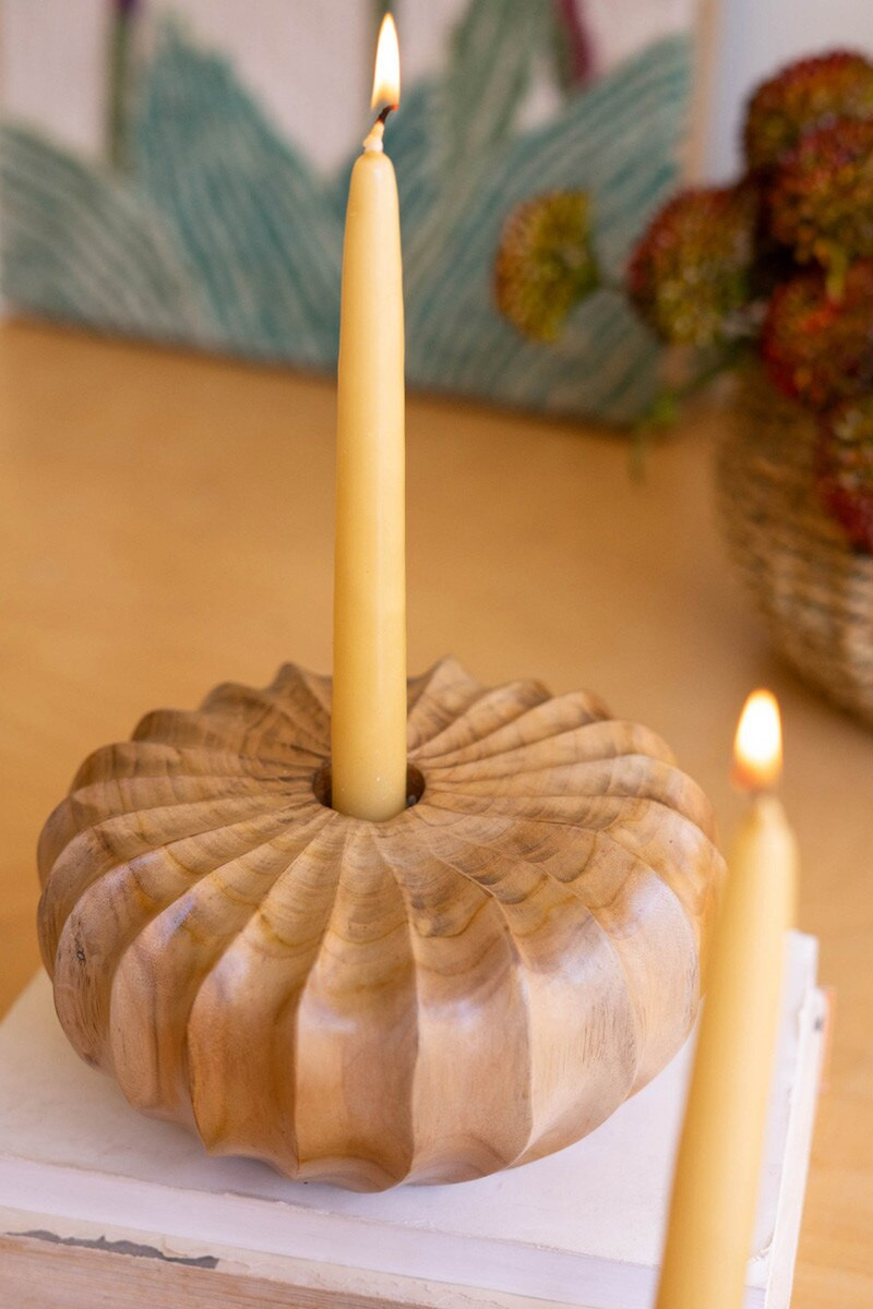 KALALOU DFG1007K SET OF TWO CARVED TEAKWOOD TAPER CANDLE HOLDERS