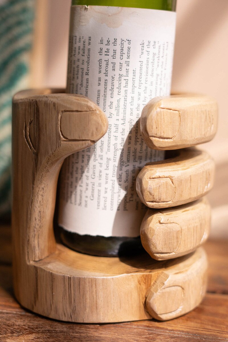 KALALOU DFG1010K CARVED TEAKWOOD WINE BOTTLE HOLDER - HAND