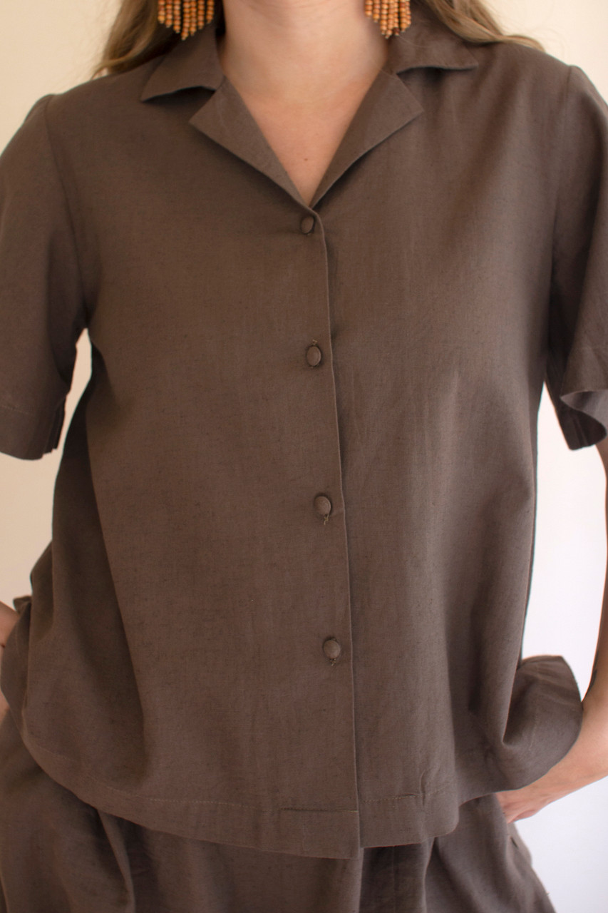 KALALOU NELL1020 SHORT-SLEEVE BUTTONDOWN BLOUSE WITH COLLAR - OREGANO