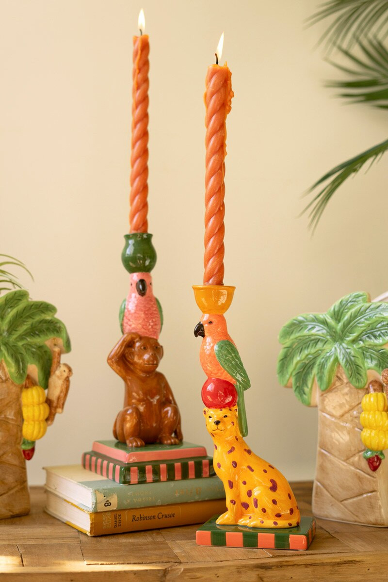 KALALOU CWA1022 SET OF TWO CERAMIC CHEETAH AND MONKEY TAPER CANDLE HOLDERS