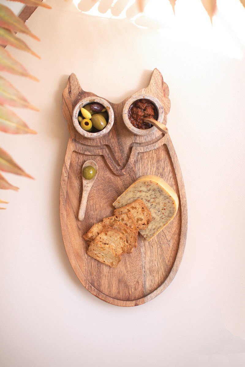 Kalalou Wood Owl Serving Board with Marble Bowls