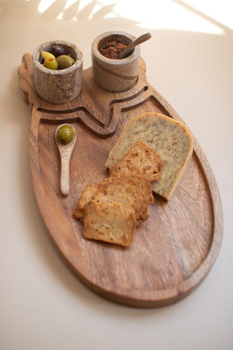 Kalalou Wood Owl Serving Board with Marble Bowls - Thumbnail 2