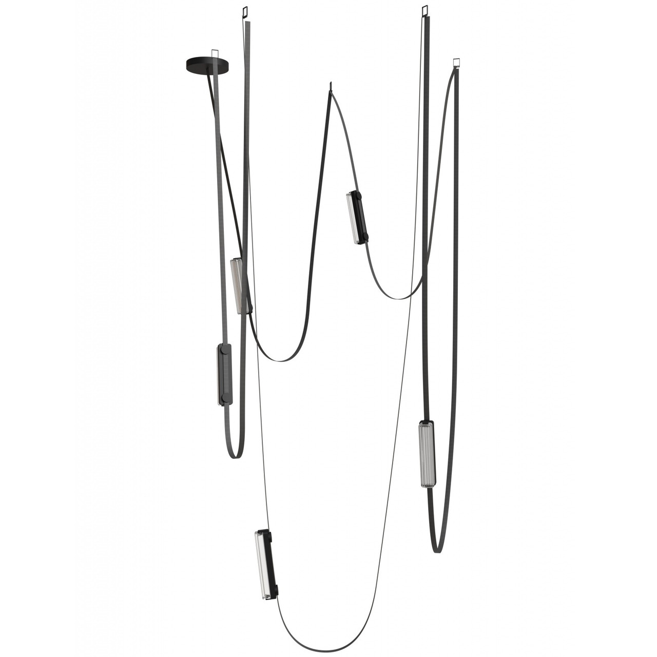AVENUE LIGHTING HF7205-G400-BLK Fremont ?Belt 5-Light 551"L Pendant in Black/Clear Ribbed Glass Bars